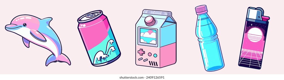 Set of vector elements for patches and stickers in vaporwave style: a dolphin, a soda can, a lighter, a milk carton with gamer buttons.