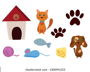 set of vector elements of Pets: cat, dog, kennel, ball, mouse, fish, paw prints. Concept for veterinary, animal shelter, pet shops, decoration of pet accessories.