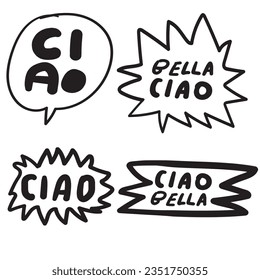 Set of vector elements.  Phrases on Italian language. Ciao. Vector graphic design. Hand writing. 