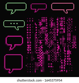 Set of vector elements in pixel art style: speech bubbles and glitched texture.