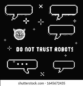 Set of vector elements in pixel art style: speech bubbles, stars and sparkles. Vector illustration for print, stickers, pins.