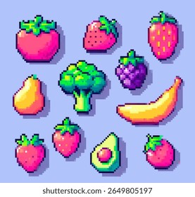 Conjunto de elementos vetoriais em estilo pixel art, com frutas coloridas e brócolis. Brilhante rosa, amarelo, verde e roxo dominam, dando um olhar bonito, retrô e moderno.