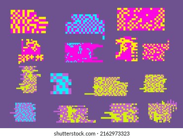 Set of vector elements in pixel bitmap style with glitches, flickers and datamoshing effect.