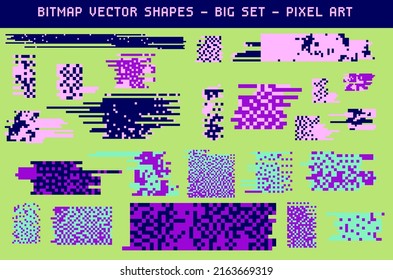 Set of vector elements in pixel bitmap style with glitches, flickers and datamoshing effect.