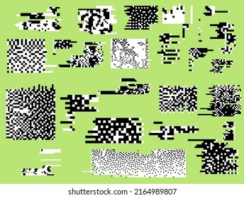 Set of vector elements in pixel bitmap style with glitches, flickers and datamoshing effect.