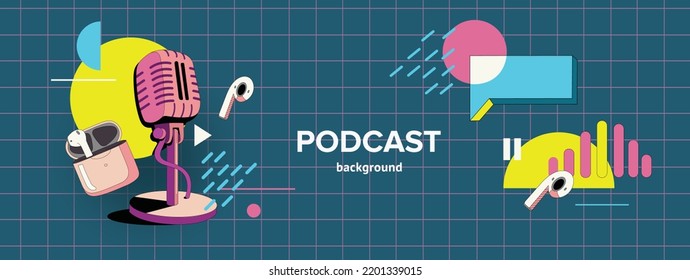 Set of vector elements of podcast. Sound recording of the program. Microphone and headphones in the style of the 90s. Compositions in the style of flat with geometric elements. Isolated objects