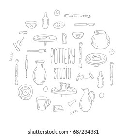 Set of vector elements for pottery studio. Illustration in a linear style on a white background