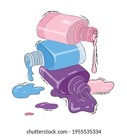 A set of vector elements of professional tools for manicure and pedicure. Stock illustration. Glass bottles with colorful nail polish. Spilled varnish. An open bottle.
