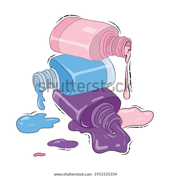 A set of vector\
elements of professional tools for manicure and pedicure. Stock\
illustration. Glass bottles with colorful nail polish. Spilled\
varnish. An open bottle.