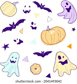 Set of vector elements (pumpkins, bats, stars, flags, spooky faces, ghosts) on halloween party