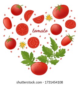 Satz von Vektorelementen. Rote Tomaten, Scheiben, grüne Blätter, Blumen in Form eines Herzens. Gemüse, vegetarische Nahrung, Agrarökoprodukte. Von Hand gezeichnet. Für verschiedene Design, Valentinstag.