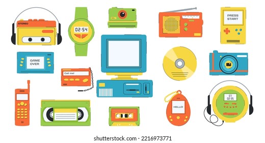 Set of vector elements in retro design. 90's style vector objects. Nostalgia for 1990s. Collection of 90s electronics: computer, portable games, player, phone.