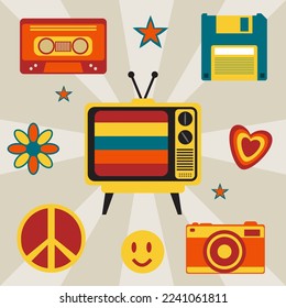 Set of vector elements in retro style. TV, camera, camera, floppy disk.
