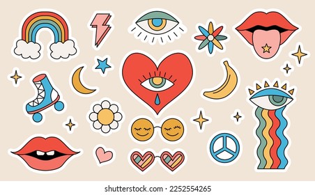 Set of vector elements retro vintage 70s groovy hippy style stickers. Cartoon flowers, rainbow, lips, eyes with tear, roller-skates and sunglasses.