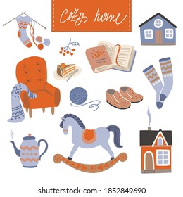 Set of vector elements in scandinavian simple style. Cozy home. Cute doodle collection with interior elements.