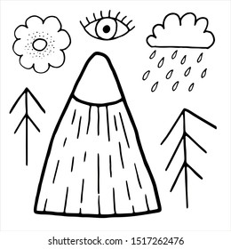 Set of vector elements in scandinavian style: mountain, flower, tree, cloud, eye. Elements are located on white background. For design of patterns, cards, stickers, interior posters