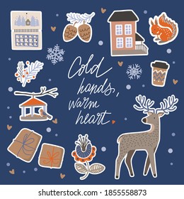Set of vector elements in scandinavian style. Cute winter season objects. Cones, deer, cocoa, gift box, calendar, snowflake, flower.