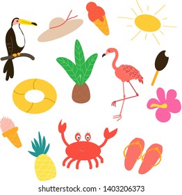 
Set of vector elements sea, 
flamingo and toucan beach, sun, ice cream, crab. for scrapbooking and printing