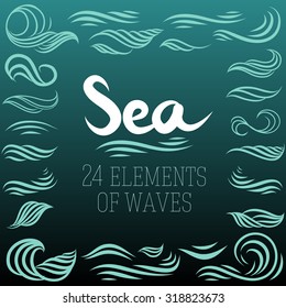 set of vector elements with sea waves in ocean blue color