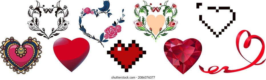 Set of vector elements in the shape of a heart. Hearts of different styles. Romantic trendy colors for greetings, invitations, frames, posters, tattoos, handicrafts.