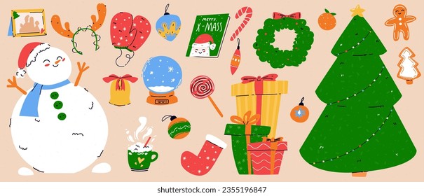 Set of vector elements with snowman and a bunch of presents, family photo frame, tangerine and glass ball with snow. Christmass Trendy illustration with retro dust texture 