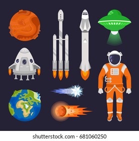 Set of vector elements of space. Collections planets, spaceships and other objects.