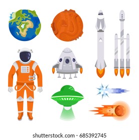 Set of vector elements of space. Collections planets, spaceships and other objects.