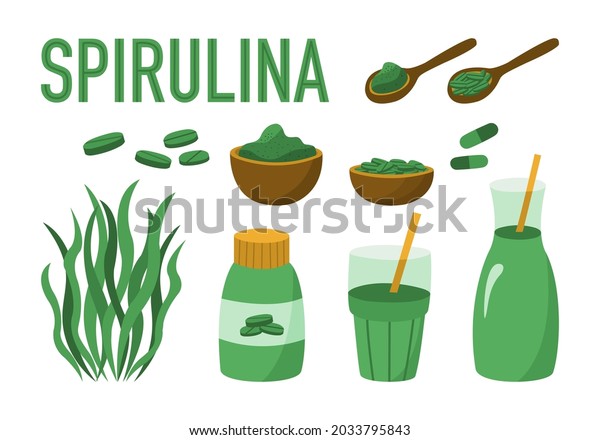 Set of vector elements spirulina alga.\
Spirulina powder, spirulina algae, pills, tablets, cocktails.\
Organic superfood isolated on white\
background.