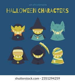 Set of vector elements of spooky characters for Halloween on a dark background. 6 icons for web use.