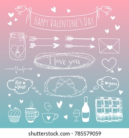 A set of vector elements for St. Valentine's Day. White linear illustrations on a gradient pink-turquoise background. Hand drawing.