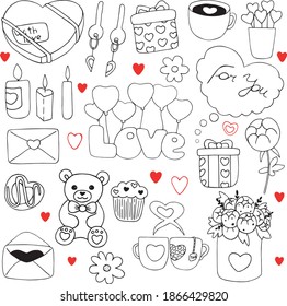 Set of vector elements in the style of Doodle for Valentine's day