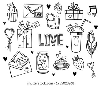 A set of vector elements in the style of doodles for Valentine's Day cards, posters and design. Hand-drawn heart, milkshake, key, lock, lollipop, tulip, letter, gift box are isolated. Symbols of love.