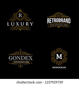 Set of vector elements in style of mono line. Luxury Logo template in vector for Restaurant, Royalty, Boutique, Cafe, Hotel, Heraldic, Jewelry, Fashion and other vector illustration