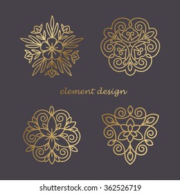 Set of vector elements in style of mono line. Template for creating unique luxury design, logos, artwork, exhibitions, auctions, corporate products, business cards. Natural motifs. Print gold foil