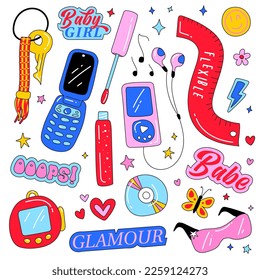 Set of vector elements in the style of y2k. Collection of objects 2000s phone, music player, lip gloss, etc.