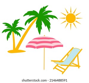 Set Of Vector Elements. Summer Holidays, Sun, Beach Umbrella, Palm Tree And Lounge Chair Isolated On White Background