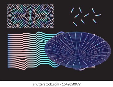 Set of vector elements in synthwave and vaporwave style. Universal abstract futuristic icons in holographic colors on dark background.