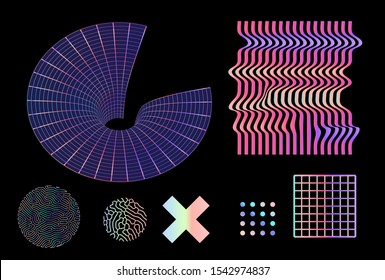 Set of vector elements in synthwave and vaporwave style. Universal abstract futuristic icons in holographic colors on dark background.