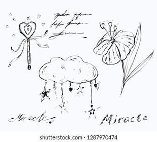 
A set of vector elements of the theme "Miracle": a cloud with pendants, a magic wand, a wonderful flower. Handwritten vector lettering.