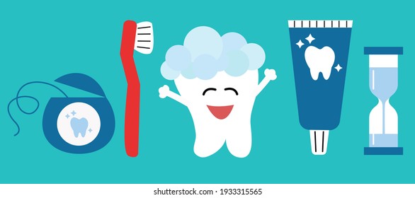 Set of vector elements toothbrush, toothpaste, dental floss, hourglass and clean healthy tooth.