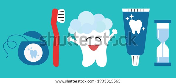 Set of vector elements\
toothbrush, toothpaste, dental floss, hourglass and clean healthy\
tooth.