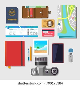 set of vector elements for travel . Boarding pass, guide map, camera