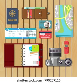 set of vector elements for travel . Boarding pass, guide map, camera