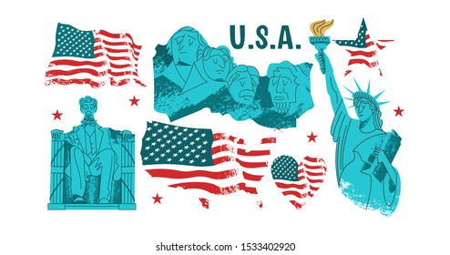 A set of vector elements. USA, American landmarks, statues and monuments. The statue of liberty, Lincoln monument and mount Rushmore national memorial. American flag.