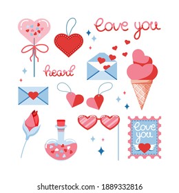 Set of vector elements for Valentine's Day. Kit of love icons. Isolated elements on a white background. Candy heart, glasses, rosebud, heart-shaped ice cream, love stamp, love potion