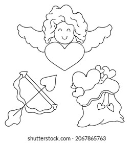 Set of vector elements Valentine's Day. Cupid, bow and arrow and bag of hearts in doodle style