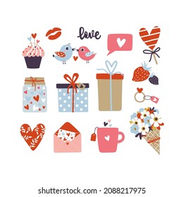 Set of vector elements for Valentine's Day. Hearts, birds, cup, cupcake, envelope, flowers, kiss, ring and gift boxes on a white background. Perfect for banners, cards, invitations, packaging.