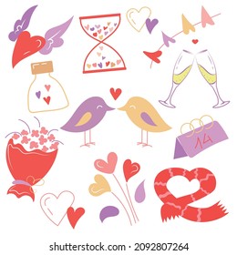 Set of vector elements for Valentine's Day. Kit of love icons. Isolated elements on a white background. Two glasses, scarf, bouquet, hearts, calendar, birds in love, jar with small hearts. Vector