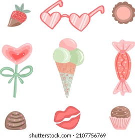 A set of vector elements for Valentine's day postcards, posters. Icecream, lollipo, strawberry, lips, glasses, chocolate candy. Romantic style cliparts 