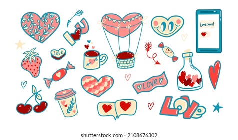 A set of vector elements for Valentine's Day, hearts, Love, Is Love You, strawberries, sweets, cakes. A romantic set of stickers in the style of the 80s, postcards, posters, fabrics, prints on clothes